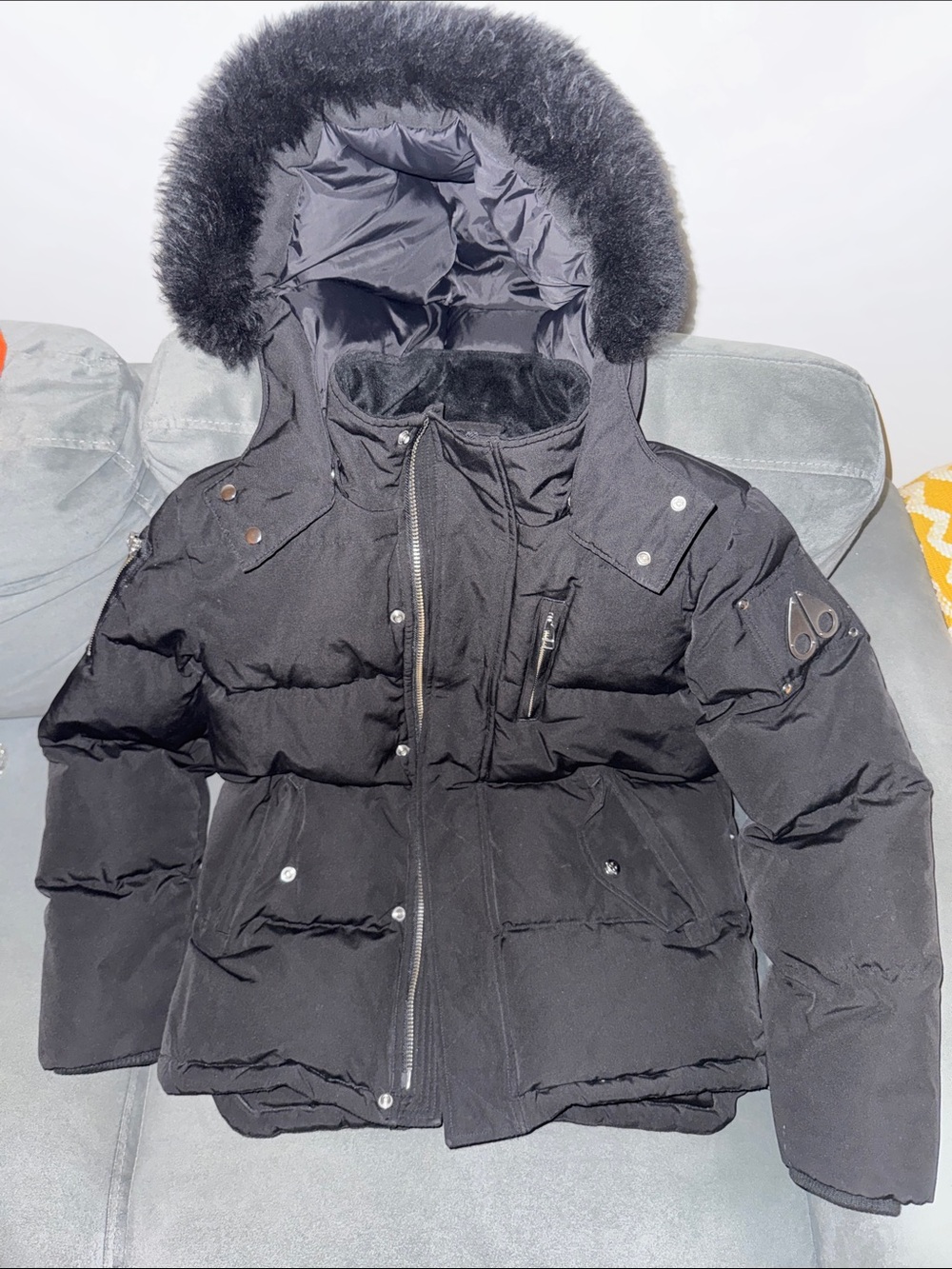 Moose Knuckles Black Hooded Puffer Jacket with Fur Trim